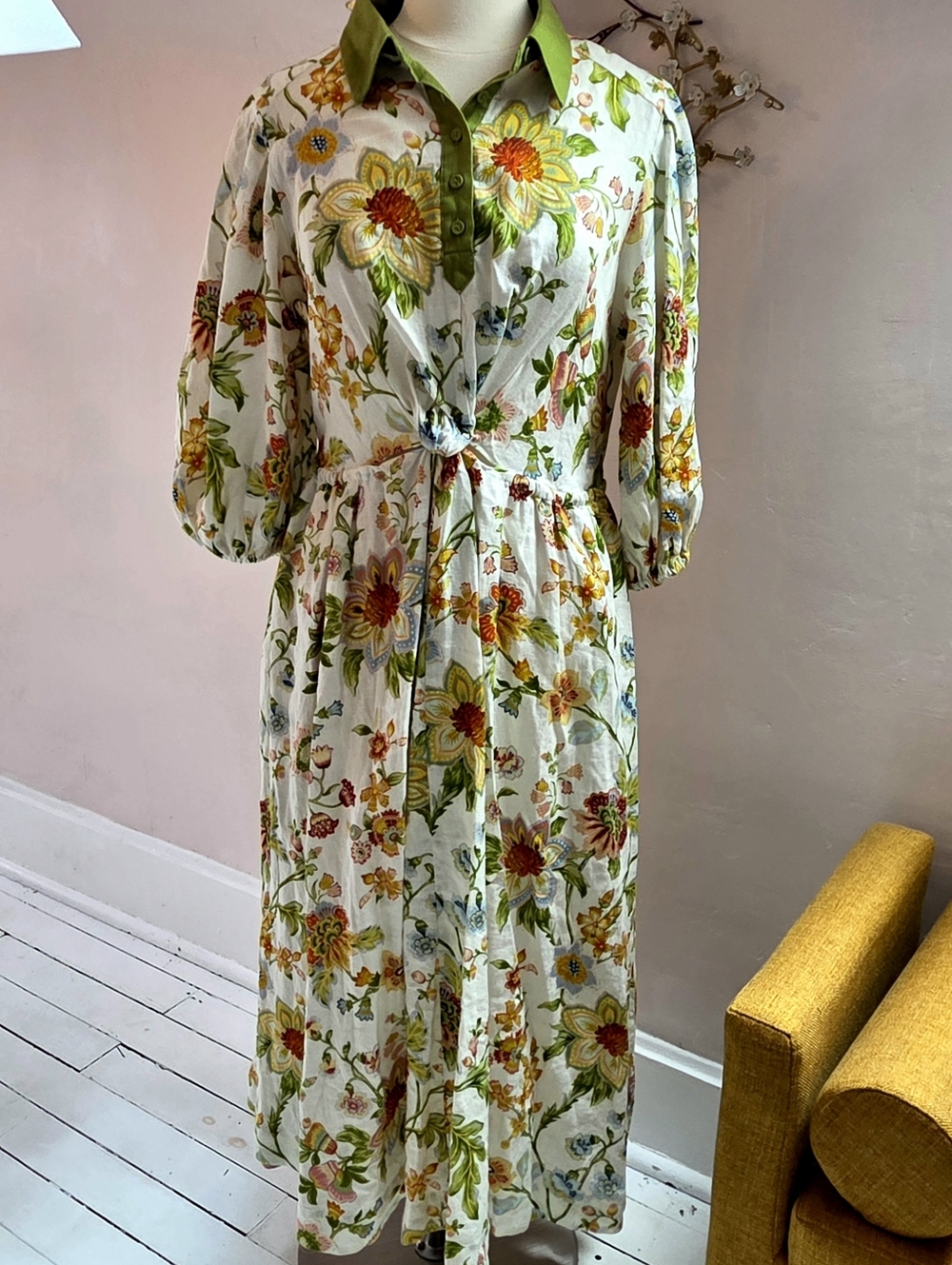 NWOT Floral Twist Waist Midi Dress in Ivory and Green